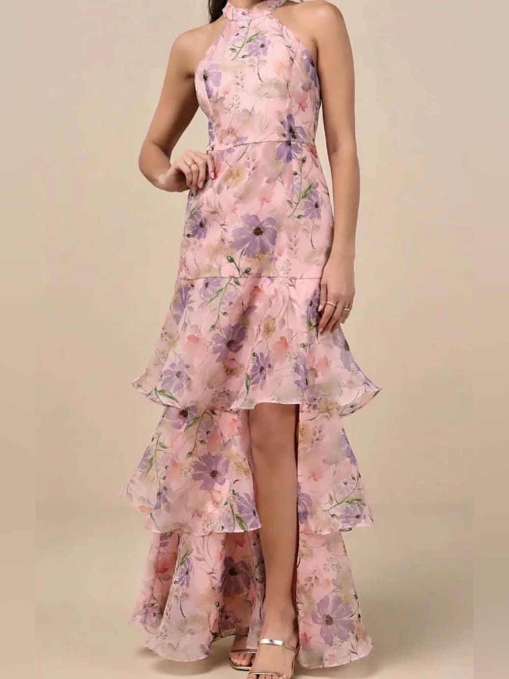 Lulus Forever Exceptional Light Pink Floral Halter Organza Maxi Dress Floral